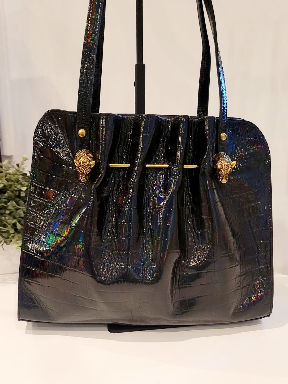 Sharif Vintage Black Iridescent Croc-Embossed Shoulder Bag with Gold Accents